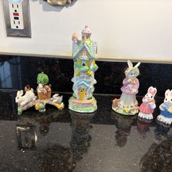Easter Porcelain Decor Hi-Town Village Station, Bridge, Easter Bunny & 2 Bunies