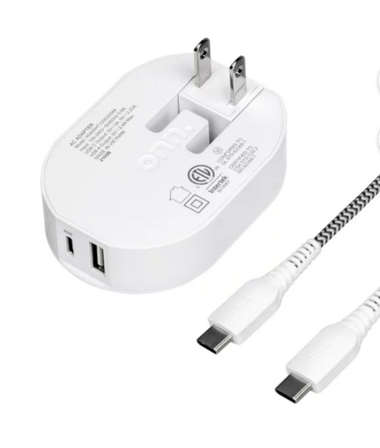 onn. 32W Dual-Port Wall Charging Kit with USB-C Charging Cable, 20W USB-C Port Fast Charger with Power Delivery, 12W USB Port Standard Charges.