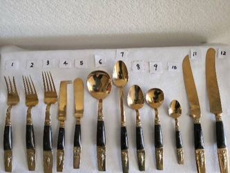 153-Pc Vintage Thai Golden Bronze & Wood Flatware Set-Complete Service for 12 with 9 Serving Pieces