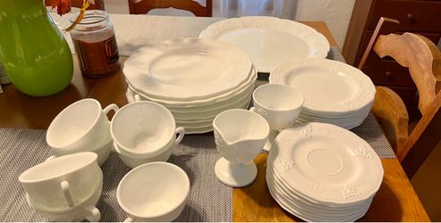 Vintage Milk Glass Dishes. “Harvest Grapes” service for (8)