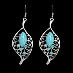 Boho Ethnic Tribal Tibetan Sterling Silver Turquoise Crystal Leaf Inlay Drop Earrings