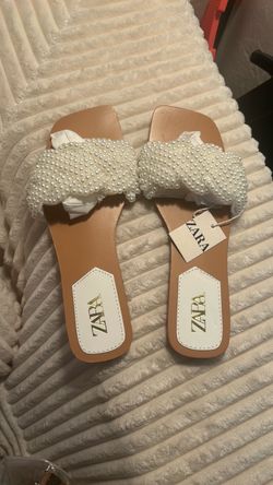 Zara Pearl Embellished Flat Sandals