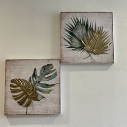 Tropical Metal Leaf Wall Art Set – Botanical Palm & Monstera Prints on Wood