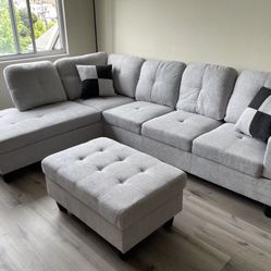 Gray Linen Sectional Couch And Storage Ottoman