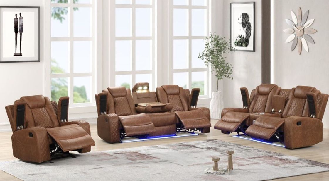 LUZ BROWN 3PC RECLINERS W/ LED & SPEAKERS