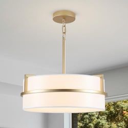 Gold Drum Chandelier 15.7” – 3-Light White Linen Shade Pendant