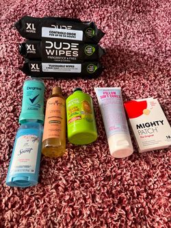 Wipes, deodorant, hair cream, pimple patches , and body oil