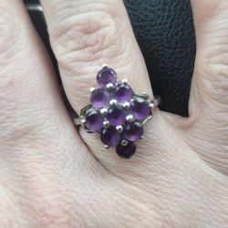 925 Stamped Silver Ring With 9 Round Amethyst Stones! Diamond Shaped Setting! Must See! The photos do not do it justice!