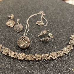 Stunning Vintage Sterling Silver Marcsite Jewelry Set - Hearts And Jalapeños 