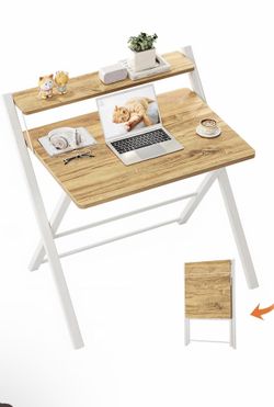 GreenForest Folding Desk No Assembly, Sturdy Computer Desk for Small Spaces Portable Foldable Table for Laptop, 2-Tier Compact with Shelf, Space Savin