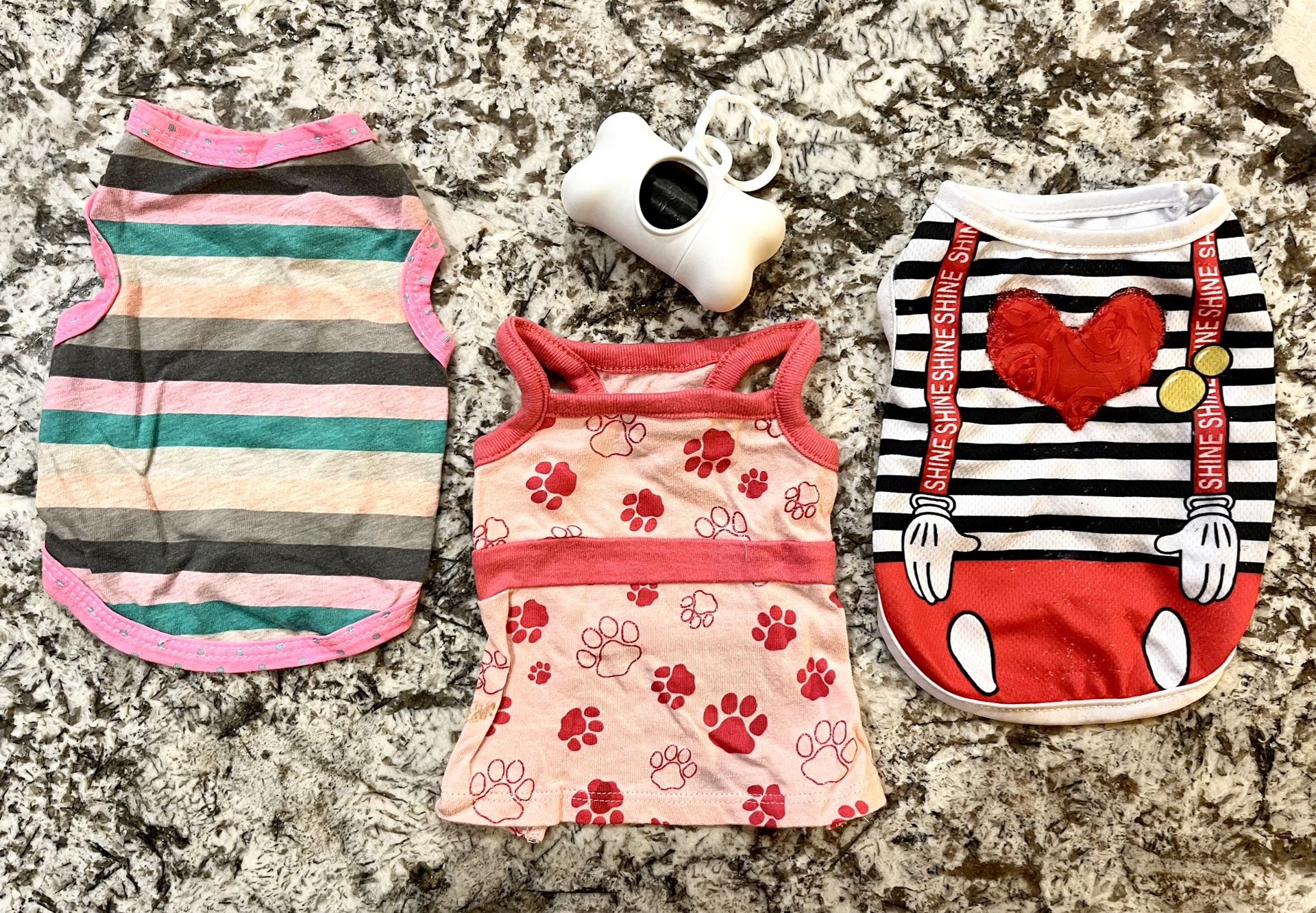 Girl Dog Clothes - Size XS (Martha Stewart, Mickey Mouse, Stripes) + Bone Shaped Clip Dispenser w/ Poop bags