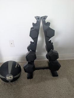 Dumbbell Set with Stand + 10 lb Medicine Ball - Great Condition