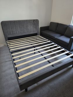 Queen Bed Frame and Grey Couch. 