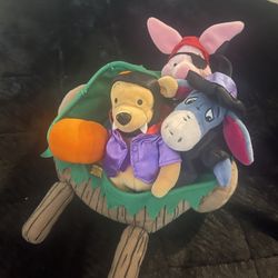Disney Winnie the Pooh Halloween Plush Set – Pooh Piglet Eeyore Pumpkin Wheelbarrow