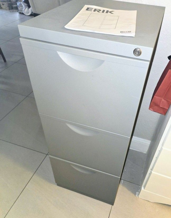 Filing Cabinet, IKEA," ERIK" 3 Drawer, Gray /Silver Metal
