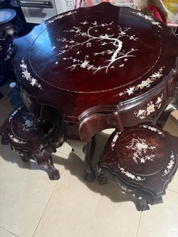 Vintage Chinese Mother of Pearl Inlaid Wood Table + 4 Nesting Stools