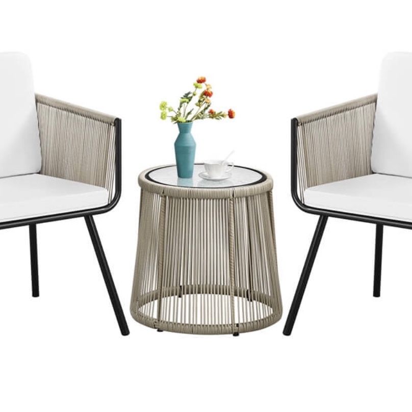 3 Piece Outdoor Patio Bistro Set, Patio Furniture Set with Tempered Glass Round Table & 2 Patio Chairs, Outdoor Conversation Set for Porch, Deck 61238