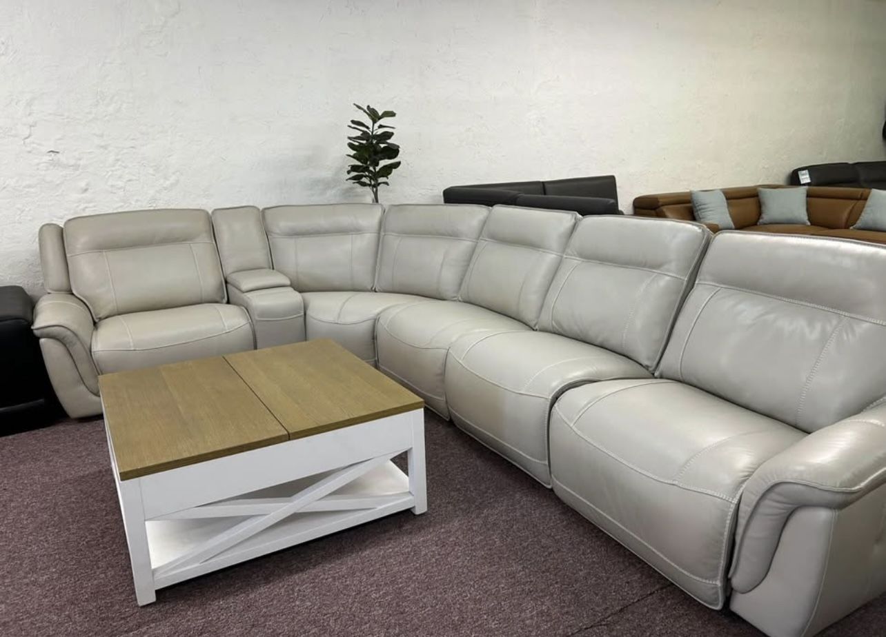 Furniture- 6 Pc 100% Real leather Sectional With 3 Power Recliners- Lenardo