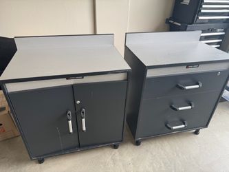Black and Decker Work Bench , 2 piece set . One has a cabinet the other drawers.