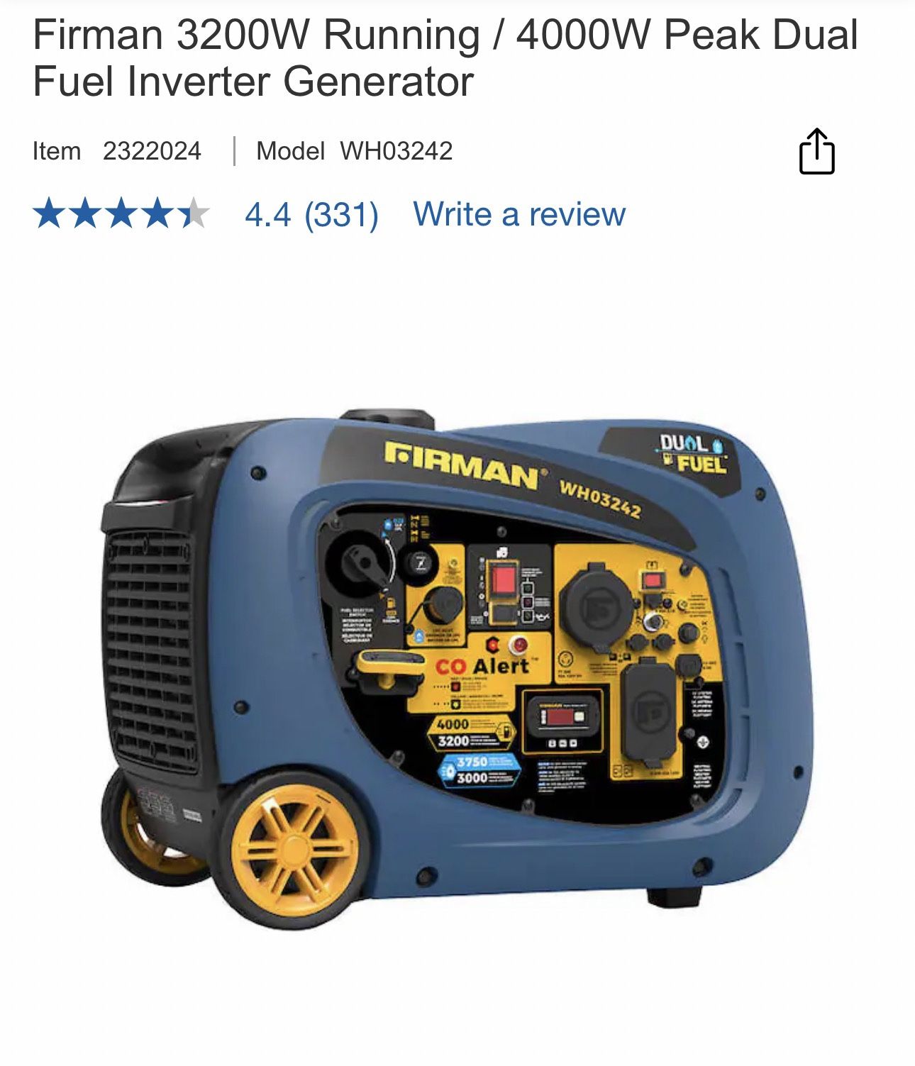 Firman 3200W Running / 4000W Peak Dual Fuel Inverter Generator