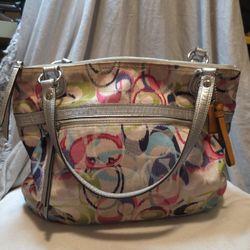 COACH Poppy Ikat Signature C2012 Glam Tote Shoulder Bag in Silver Multicolor 