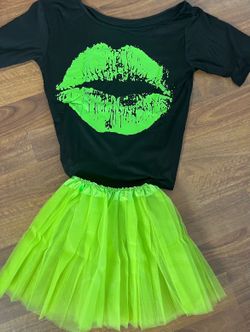 Neon Green Lips Black T-Shirt With Neon Green Tutu New!