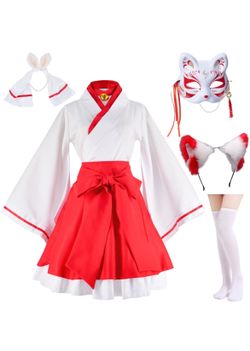 Japanese Anime, Red And White Kimono Fox Costume With Socks And Masks Size L