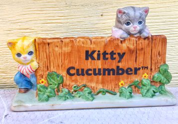 Kitty cucumber sign with two kittens collectible cat figurine