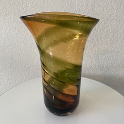 Flower Vase Handblown Amber Green Glass