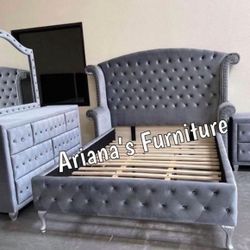 New Queen Bed Dresser Mirror Nightstand (black,blue,grey)