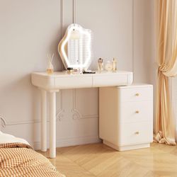 Makeup Vanity Desk with LED Light & Mirror Modern Cosmetics Table for Living Room with Drawers Adjustable Direction Dressing Table for Women Girls Mak