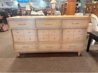 Vintage 1960s Solid Wood 9 Drawer Dresser w/ Light Finish