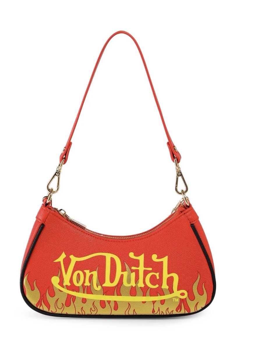 NWT Von Dutch Red And Yellow Flames Shoulder Bag With Gold Chain Bag Charm