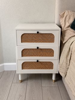 Two White 3-Drawer Nightstand with Cane Panels