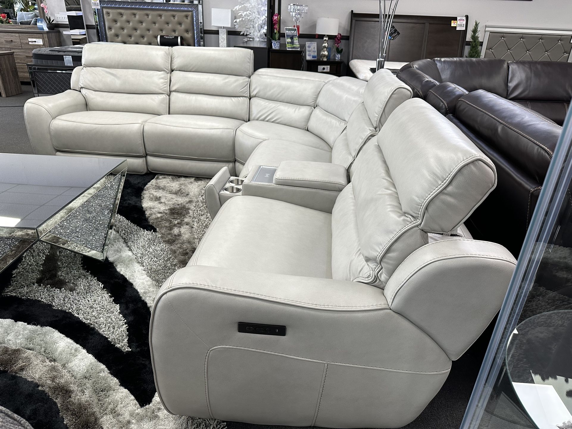 White Leather Sofa Sectional W/ Power Recliners