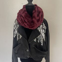 Burgundy Faux Fur Infinity Scarf - Soft Rippled Texture Cowl