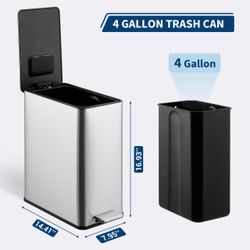 Brand New Garvee 4-Gallon Stainless Steel Step Trash Can Silver
