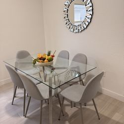 Dining Table Set – Glass Top with 6 Gray Chairs (Excellent Condition)
