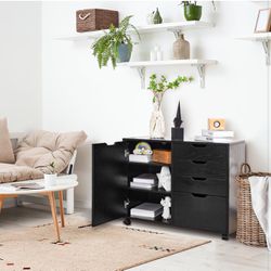 Black Dresser, 4-Drawer Dresser Chest with Door, Wood Storage Dresser Cabinet with Wheels, Mobile Storage Cabinet, Printer Stand with Storage Shelves 