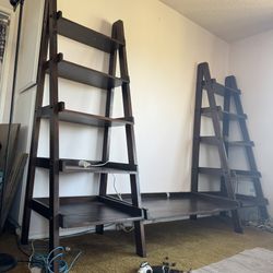 Solid Wood Modern Entertainment Center with 2 Ladder Bookshelves Good Condition