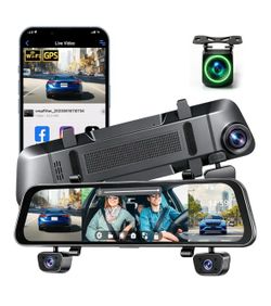 NHOPEEW 12 Inch Rear View Mirror Camera 4 Channel with WiFi & APP Control