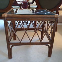 Vintage Bamboo Stick Rattan Glass Top End Table