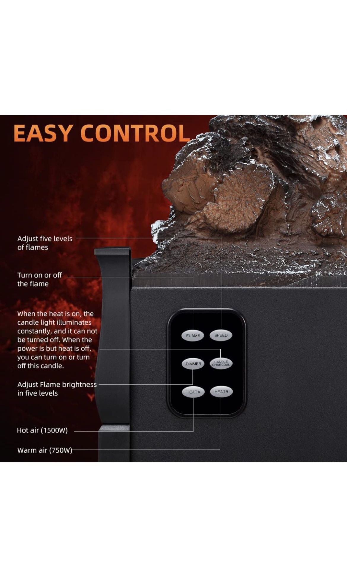 21” Electric Fireplace Insert Log Quartz Realistic Ember Bed Fan Heater