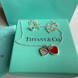 MINT TIFFANY & Co Return to Mini Double Heart Necklace Red 