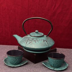 Green Patina Japanese style Teapot Set, cast-iron.