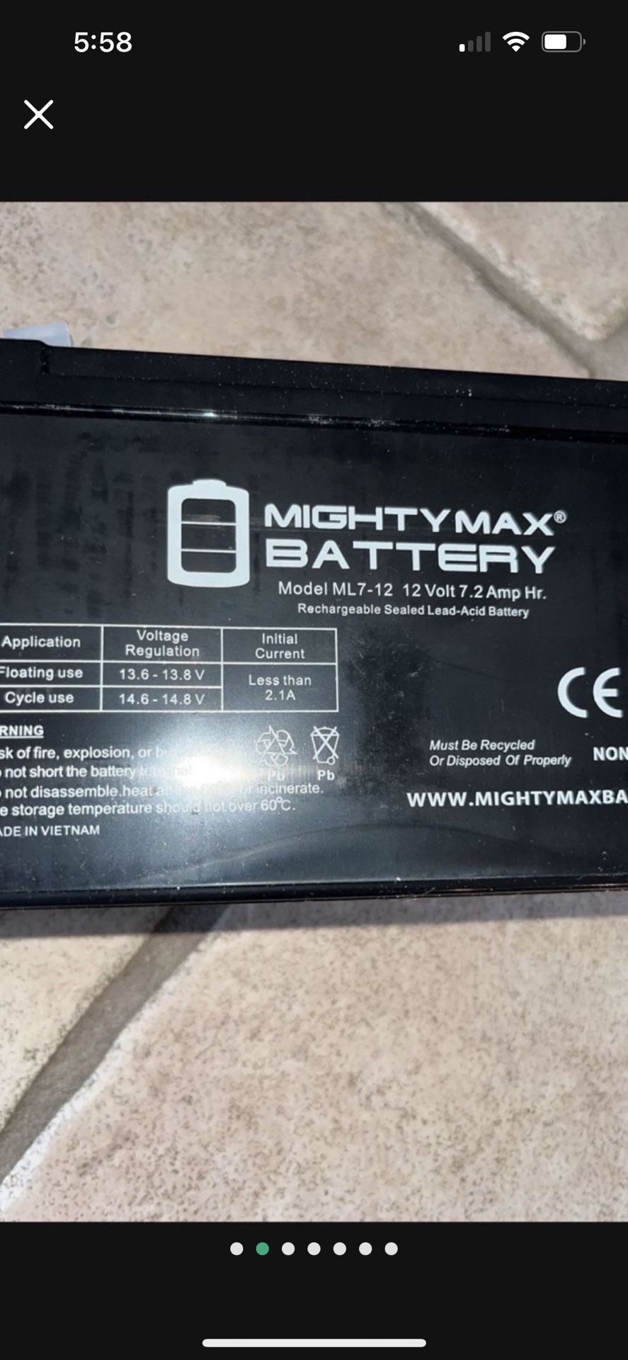 Battery- Mighty Max- ML712- 12Volt Brand New!