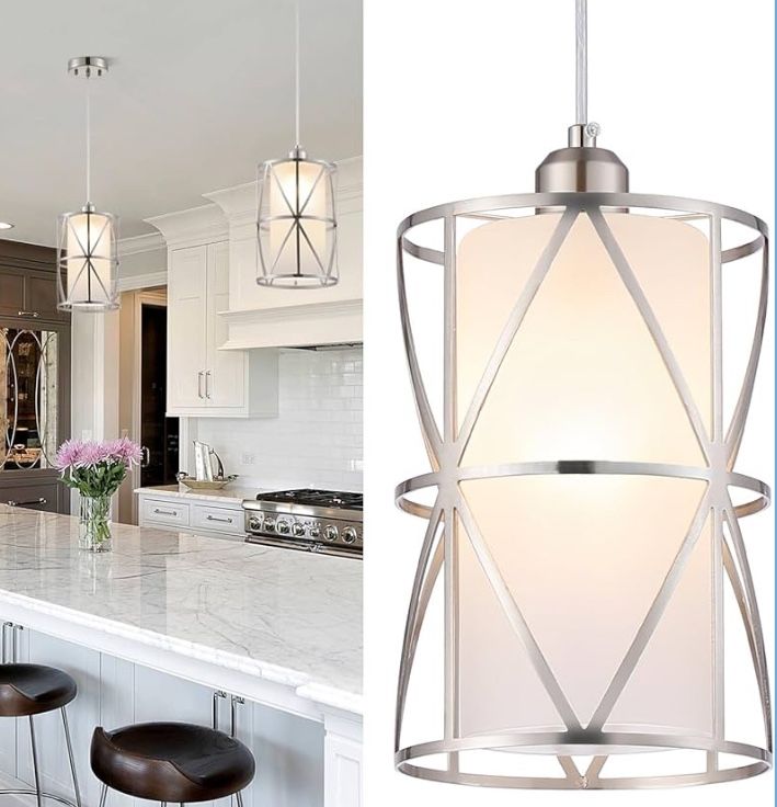 Set Of 2 Pendant Lights Kitchen Island with Frosted Glass, Brushed Nickel Hanging Kitchen Lights, Cylindrical Modern Pendant Light