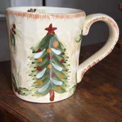 Christmas Tree Winter Holly Hand Painted Coffee Mugs Wide Mouth 20 oz