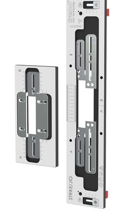 TREND Adjustable Door Strike Plate Router Jig for Latches and Locks Two-Depth Routing, No-Measure Setup, Includes Rabbet Spacers and Nylon Carrying Ba