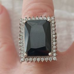 Vtg.Large Sterling Silver Sapphire & Cz Ring- Sz7